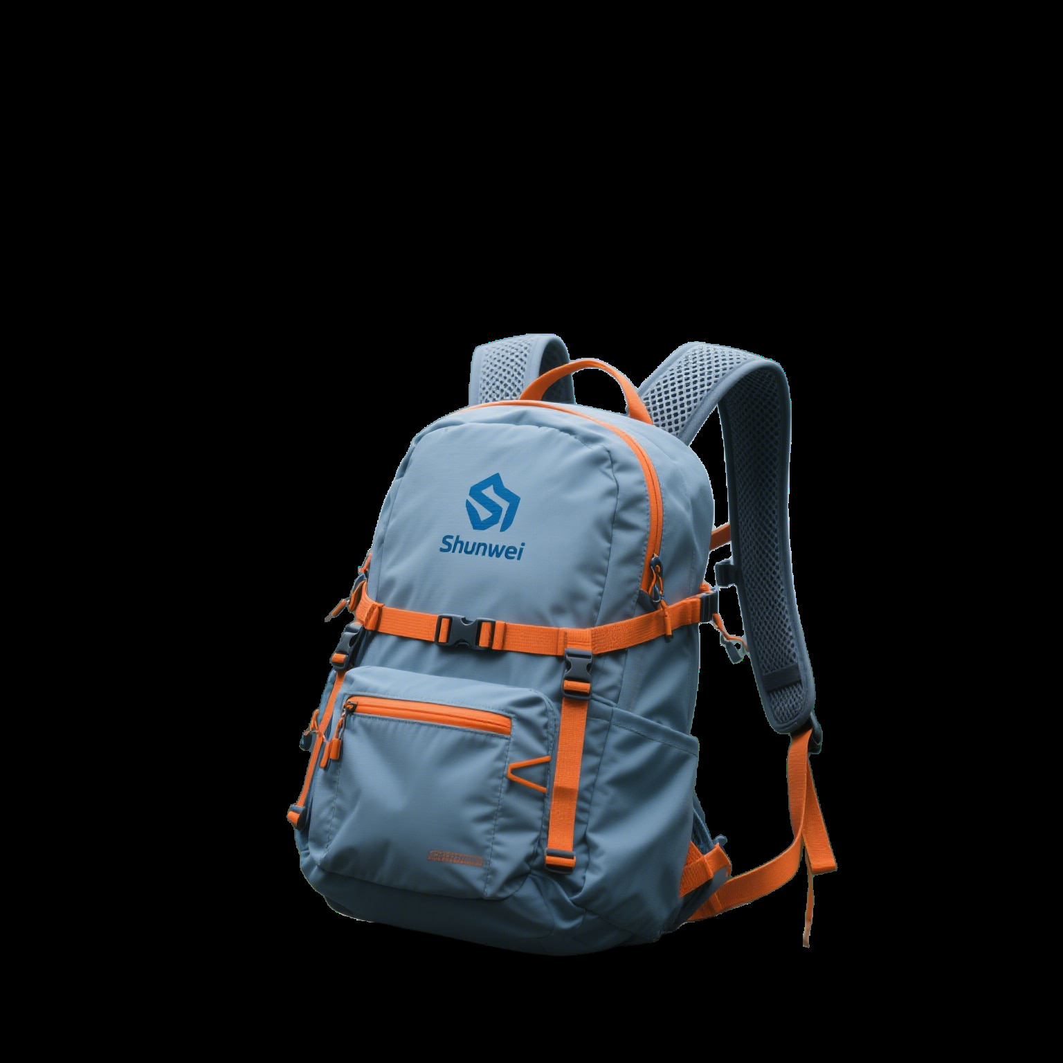 A light blue and white small hiking bag