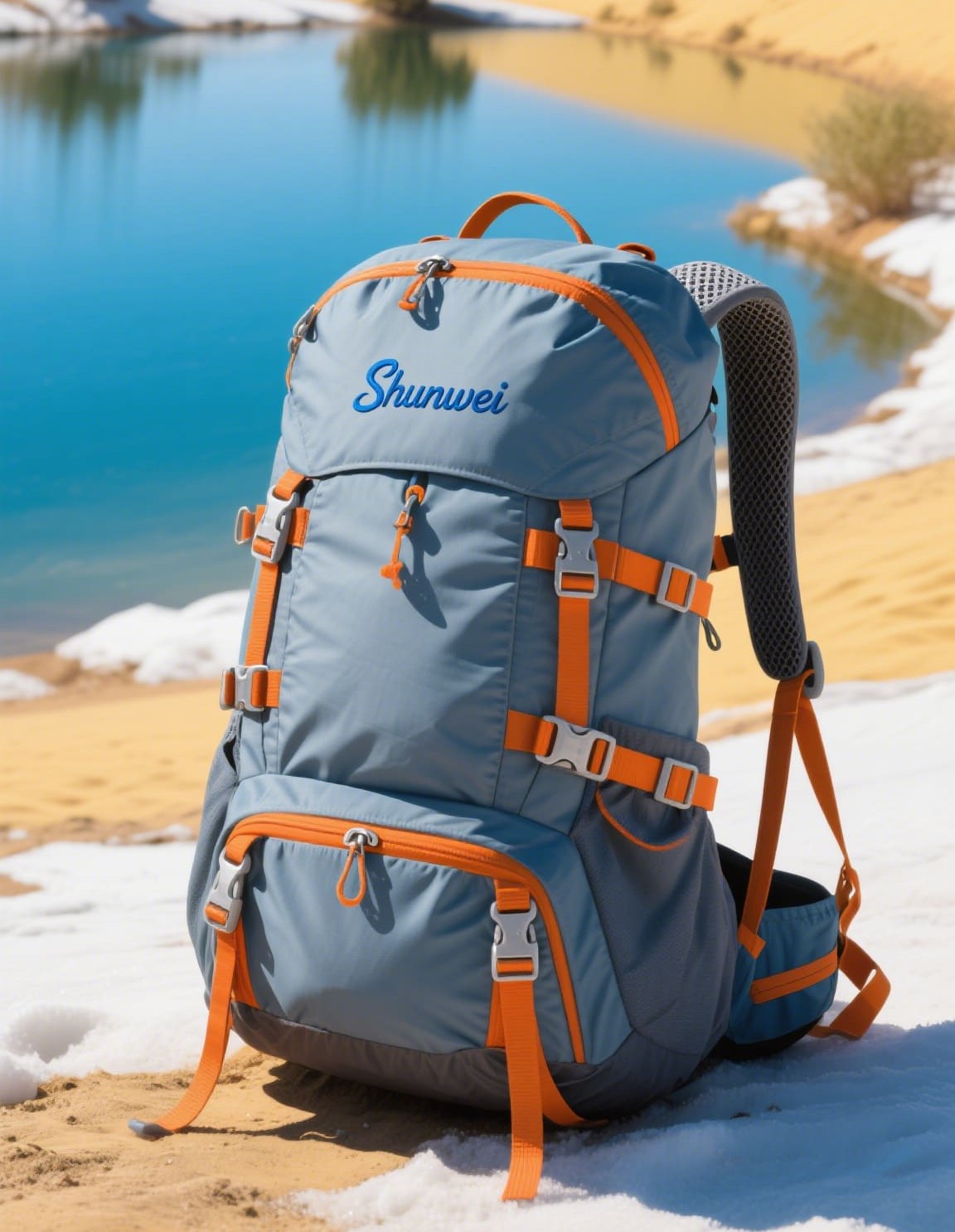 Blue and white short-distance hiking backpack
