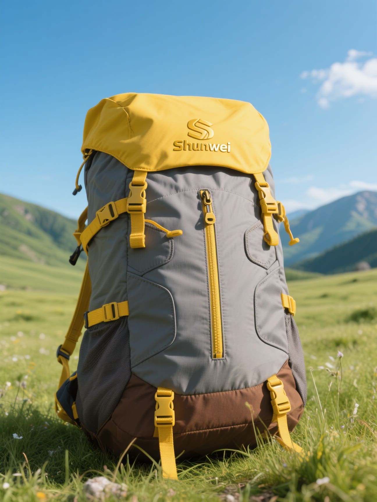 Yellow-gray mid-length hiking backpack